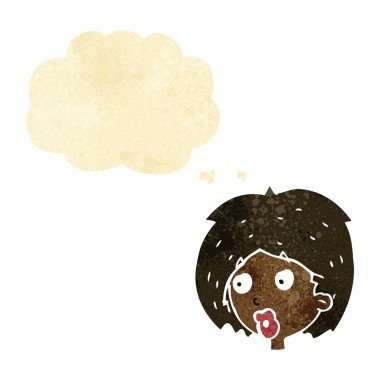 Düşünce baloncuğuyla bakan çizgi film kadını.