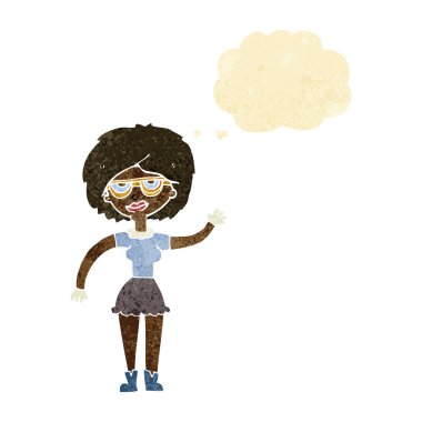 Düşünce baloncuklu gözlük takan kadın.