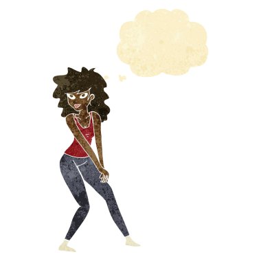 Düşünce baloncuğuyla poz veren çizgi film kadını