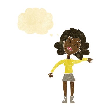 Çizgi filmdeki kadın sadece düşünce balonuyla dalga geçiyor.