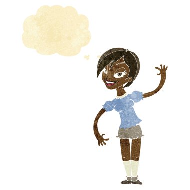 Çizgi film kızı düşünce balonuyla el sallıyor.