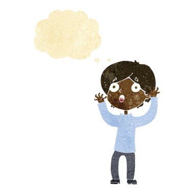Düşünce baloncuğu olan korkmuş bir adam.