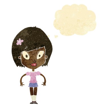 Düşünce baloncuğu olan güzel bir kadın.