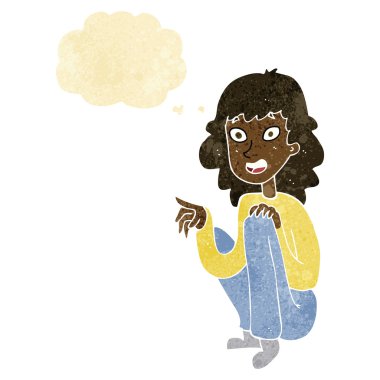 çizgi film mutlu kadın oturuyor ve düşünce baloncuğuyla işaret ediyor