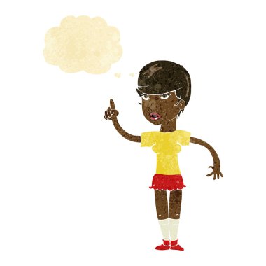 Düşünce baloncuğu olan çizgi film kadını.