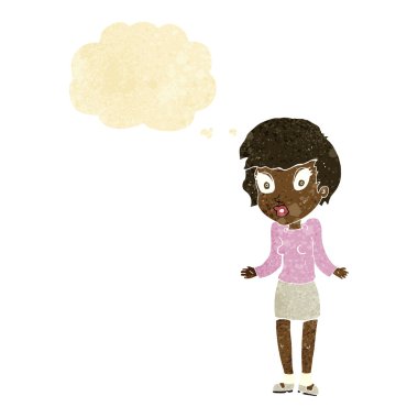 Çizgi filmdeki kadın düşünce balonuyla omuz silkiyor.