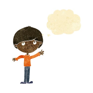 Düşünce baloncuğu olan mutlu çocuk.