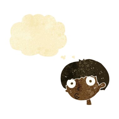 Düşünce baloncuğu olan bir çocuk.