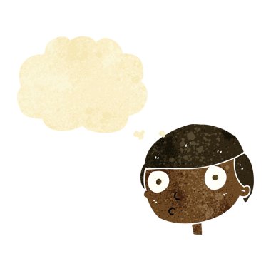 Düşünce baloncuğuyla bakan çizgi film çocuğu.