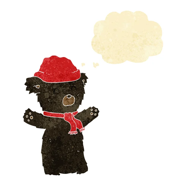 卡通可爱黑熊在帽子和围巾与思想泡泡 — 图库矢量图片