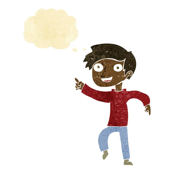 Çizgi film mutlu çocuk düşünce baloncuğu ile işaret — Stok Vektör