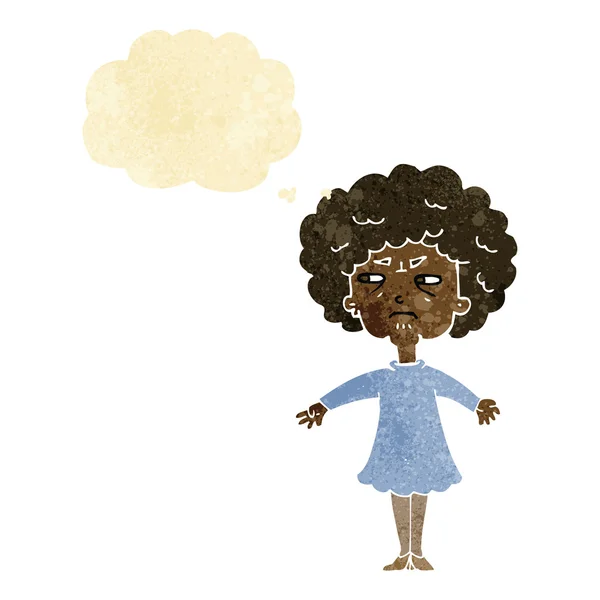 Καρτούν πικρή ηλικιωμένη γυναίκα με φούσκα σκέψης — Διανυσματικό Αρχείο