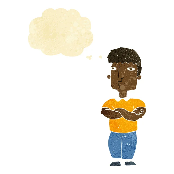 Uomo cartone animato con braccia incrociate con bolla di pensiero — Vettoriale Stock