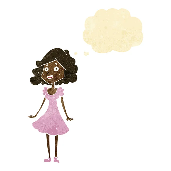 Cartone animato donna felice in abito con bolla di pensiero — Vettoriale Stock
