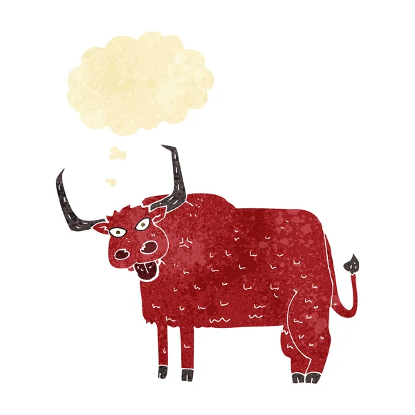 Kreslená chlupatá kráva s myšlenkovou bublinou — Stockový vektor