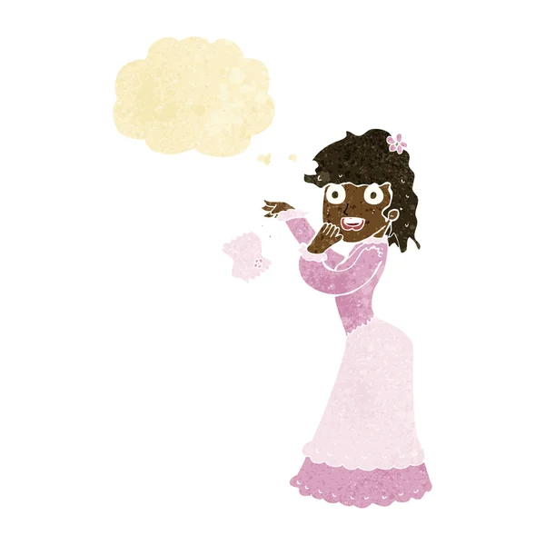Dibujos animados victoriana mujer cayendo pañuelo con bubbl pensamiento — Vector de stock