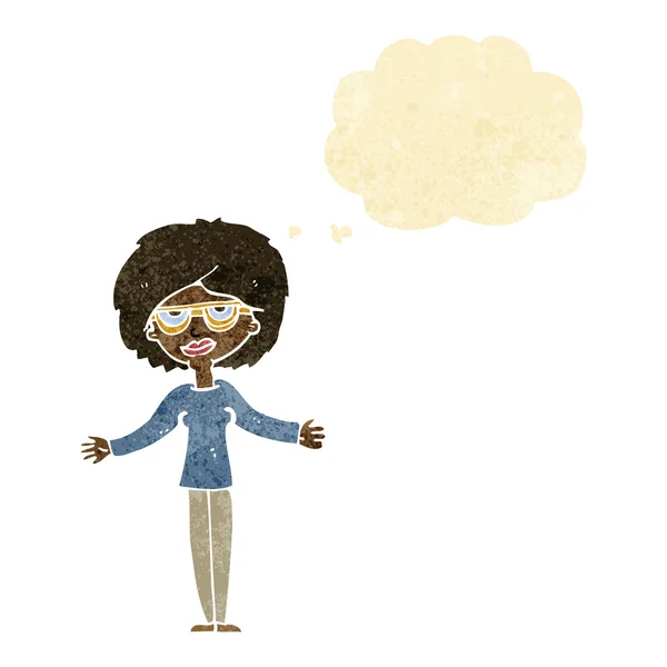 Femme dessin animé portant des lunettes avec bulle de pensée — Image vectorielle