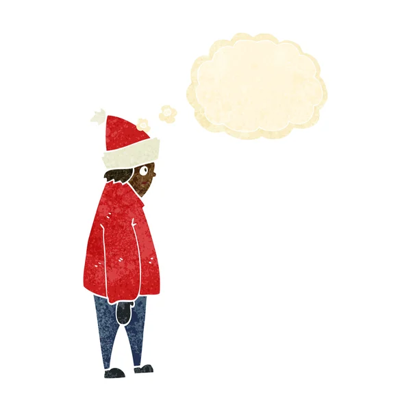 Cartoon persoon in de winter kleding met gedachte zeepbel — Stockvector