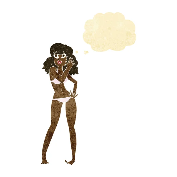 Dessin animé jolie femme en bikini avec bulle de pensée — Image vectorielle