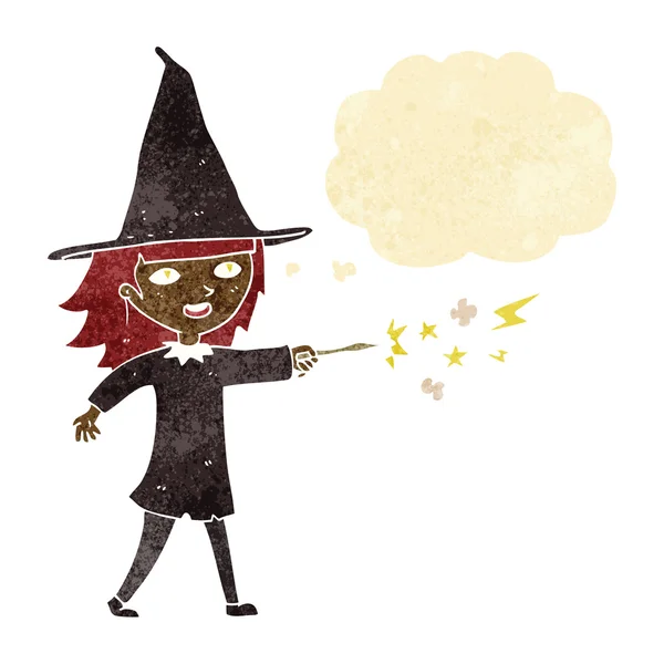 Dessin animé sorcière fille casting sort avec bulle de pensée — Image vectorielle