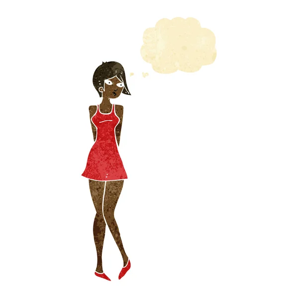 Dessin animé jolie femme en robe avec bulle de pensée — Image vectorielle