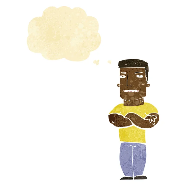 Καρτούν σκληρός τύπος με διπλωμένα χέρια με φούσκα σκέψης — Διανυσματικό Αρχείο