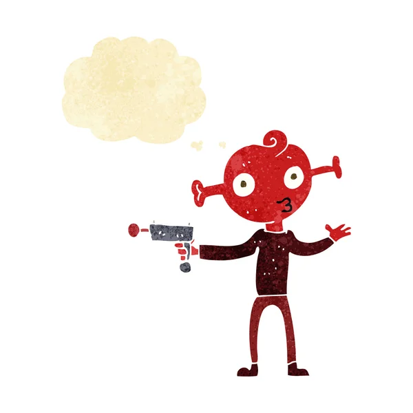 Tecknad främmande med ray pistol med tanke bubbla — Stock vektor