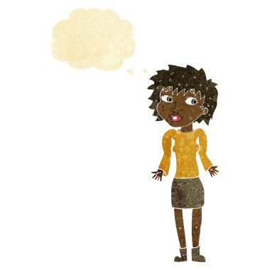 Çizgi filmdeki kadın düşünce balonuyla omuz silkiyor.