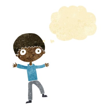 Düşünce baloncuğu olan mutlu çocuk.