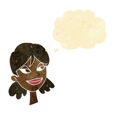 Düşünce baloncuklu mutlu kadın yüzü