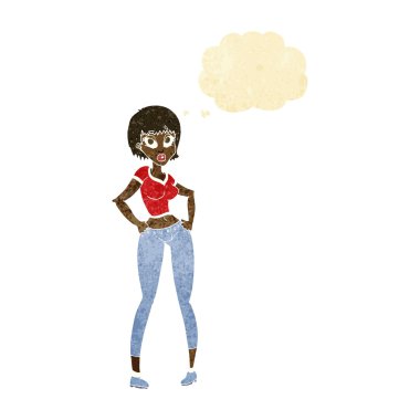 Düşünce baloncuğu olan güzel bir kadın.