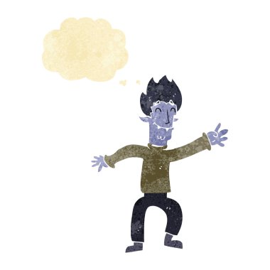 Düşünce baloncuklu mutlu vampir adam çizgi filmi.