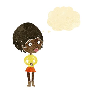 Düşünce baloncuğu olan endişeli kadın çizgi filmi