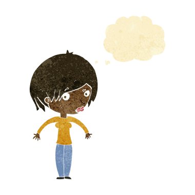 Çizgi filmdeki kadın düşünce balonuyla omuz silkiyor.