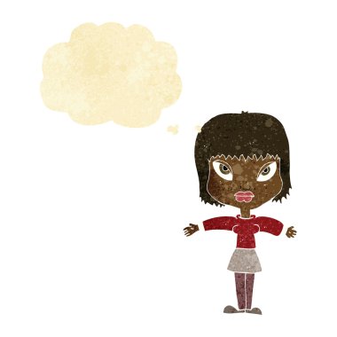 Düşünce baloncuğuyla kollarını açmış çizgi film kadını.