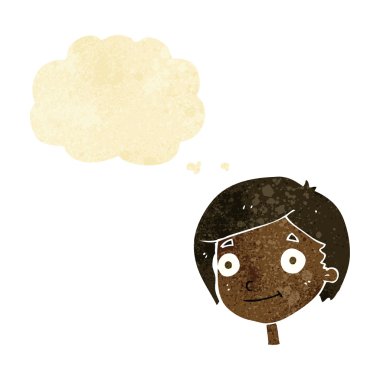 Düşünce baloncuğu olan mutlu çocuk.