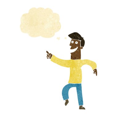 Düşünce baloncuğu ile sırıtan çizgi film adamı.