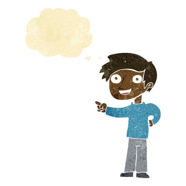 Çizgi film adamı düşünce balonunu işaret ediyor.