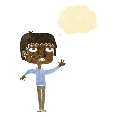 cartoton mutsuz çocuk düşünce balonu ile sallayarak