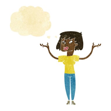 Düşünce baloncuğuyla el ele tutuşan çizgi film kadını.