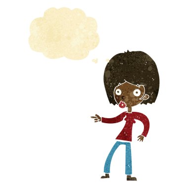 Çizgi film kadını düşünce balonunu işaret ediyor.