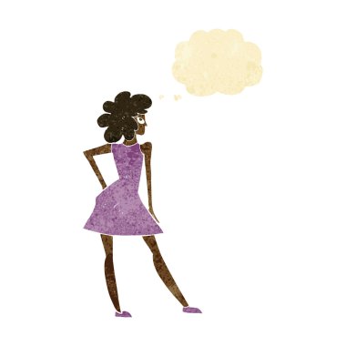 Düşünce balonuyla poz veren karikatür kadın.