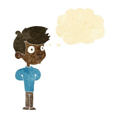 Düşünce baloncuğuyla bakan çizgi film çocuğu.