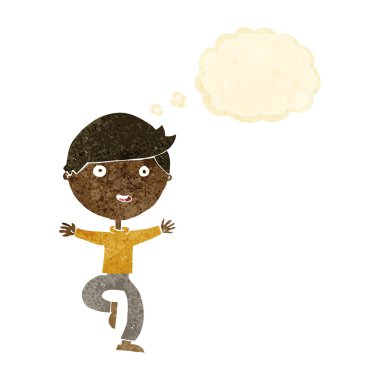 Düşünce baloncuğu olan heyecanlı bir adam.