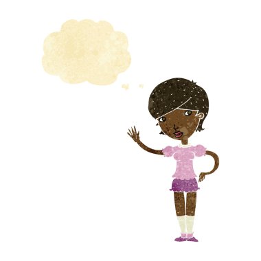 Çizgi film kızı düşünce balonuyla el sallıyor.