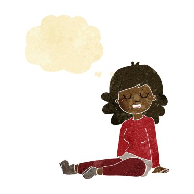 Düşünce baloncuğuyla yerde oturan mutlu kadın çizgi filmi.