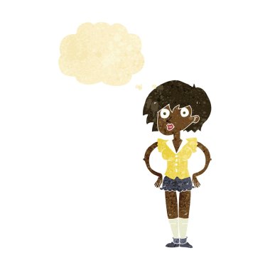 Düşünce baloncuğu olan kalçasında ellerle bir kadını şaşırtan çizgi film.