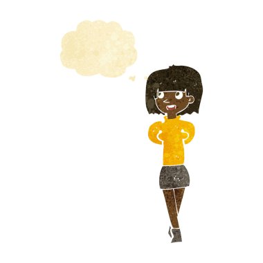 Düşünce baloncuğu olan mutlu çizgi film kadını