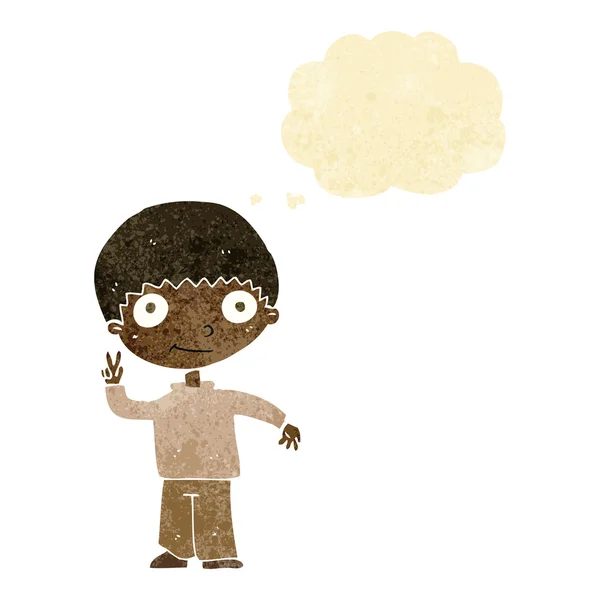 Cartone animato ragazzo dando segno di pace con bolla di pensiero — Vettoriale Stock