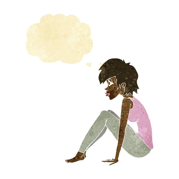 Femme dessin animé assis avec bulle de pensée — Image vectorielle